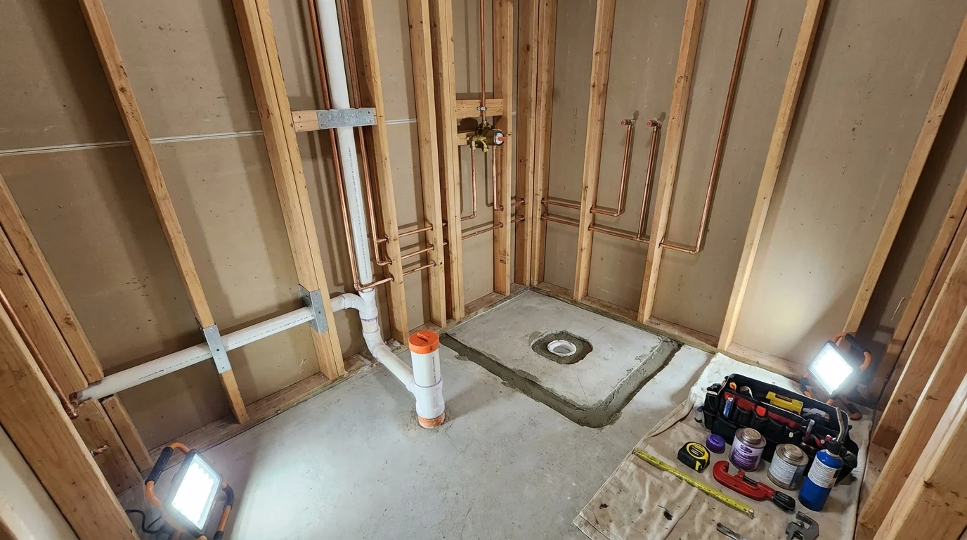 Bathroom rough-in plumbing during remodel by Johns Plumbing LLC in Lincoln