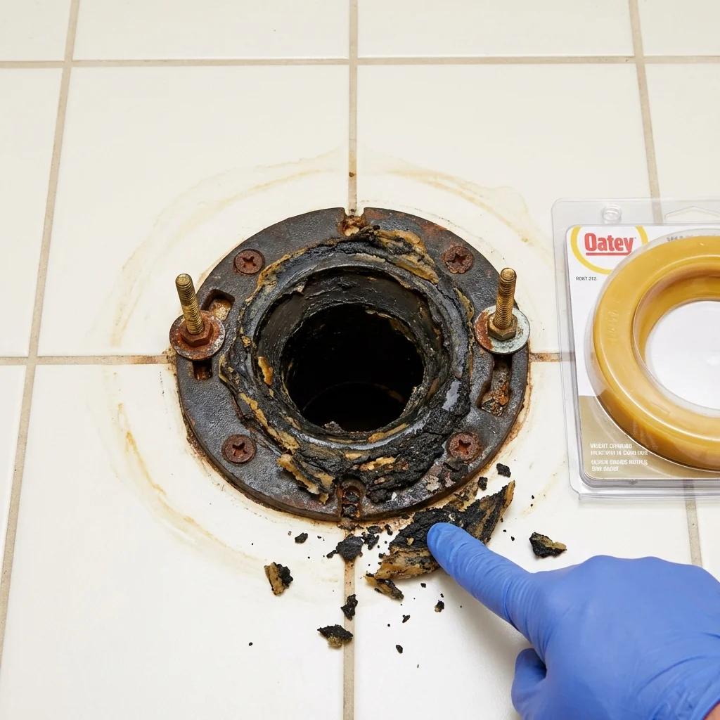Failed wax ring showing water seepage at the base of a toilet in a Lincoln, IL home