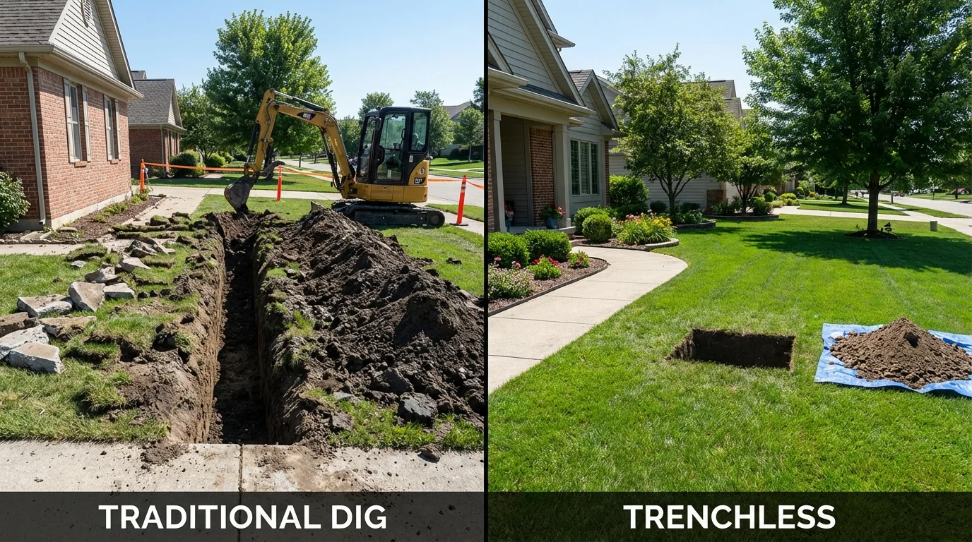 Trenchless sewer repair with minimal yard damage versus traditional excavation in Lincoln, IL