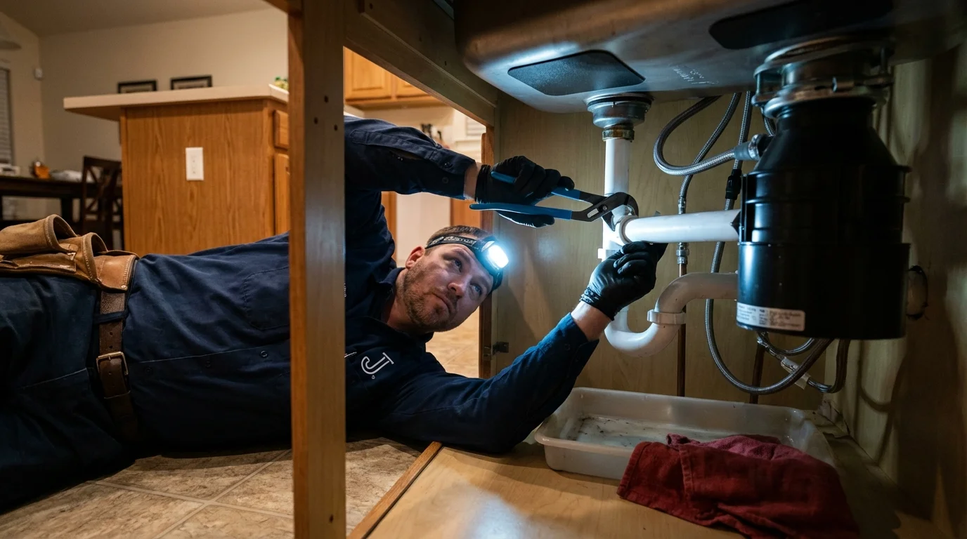 P-trap and supply line connections under a kitchen sink showing a common leak point in Lincoln, IL